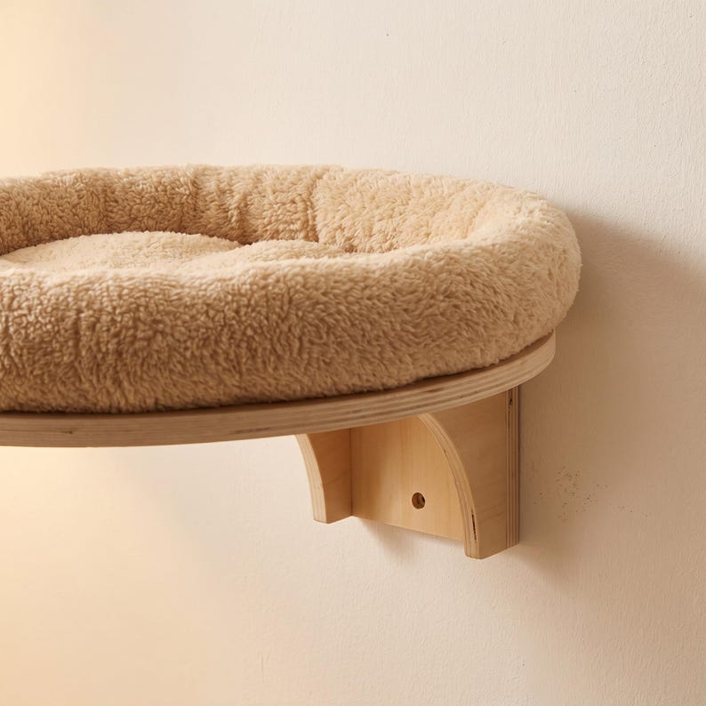 Wall Mounted Cat Bed | Floating Cat Shelf with Plush Cushion | Wooden Cat Perch | Space Saving Cat Wall Furniture | Cat Tree Alternative
