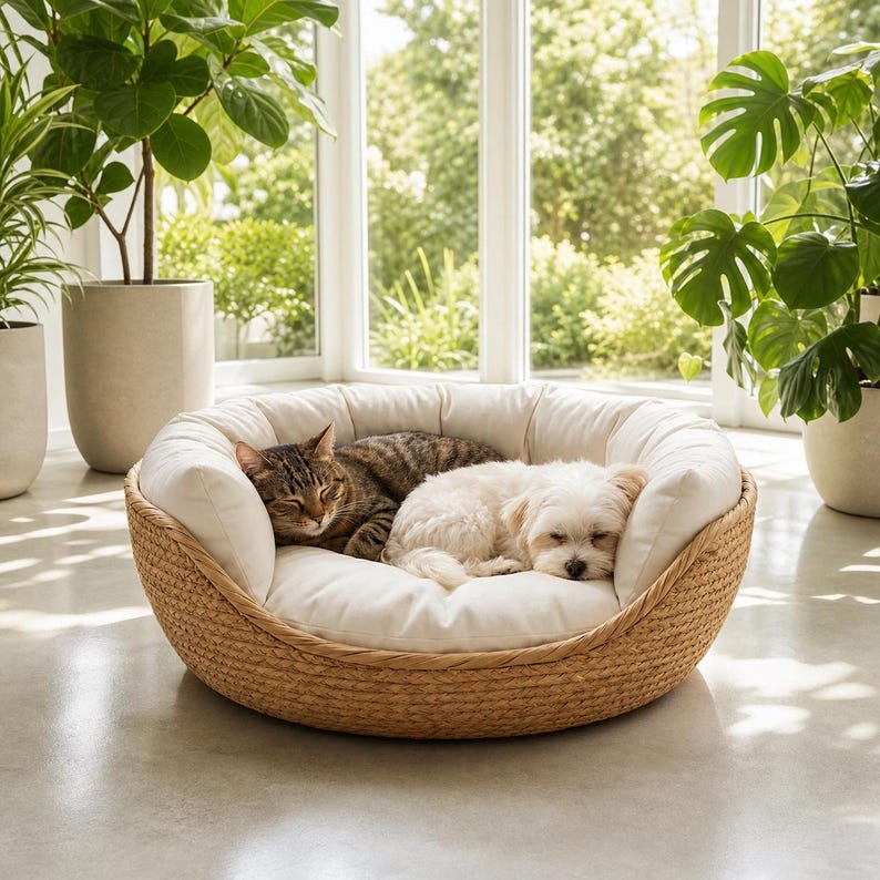 Wicker Pet Bed | Natural Cat & Small Dog Basket | Cosy Round Pet Nest with Cushion and Bolster Pillow