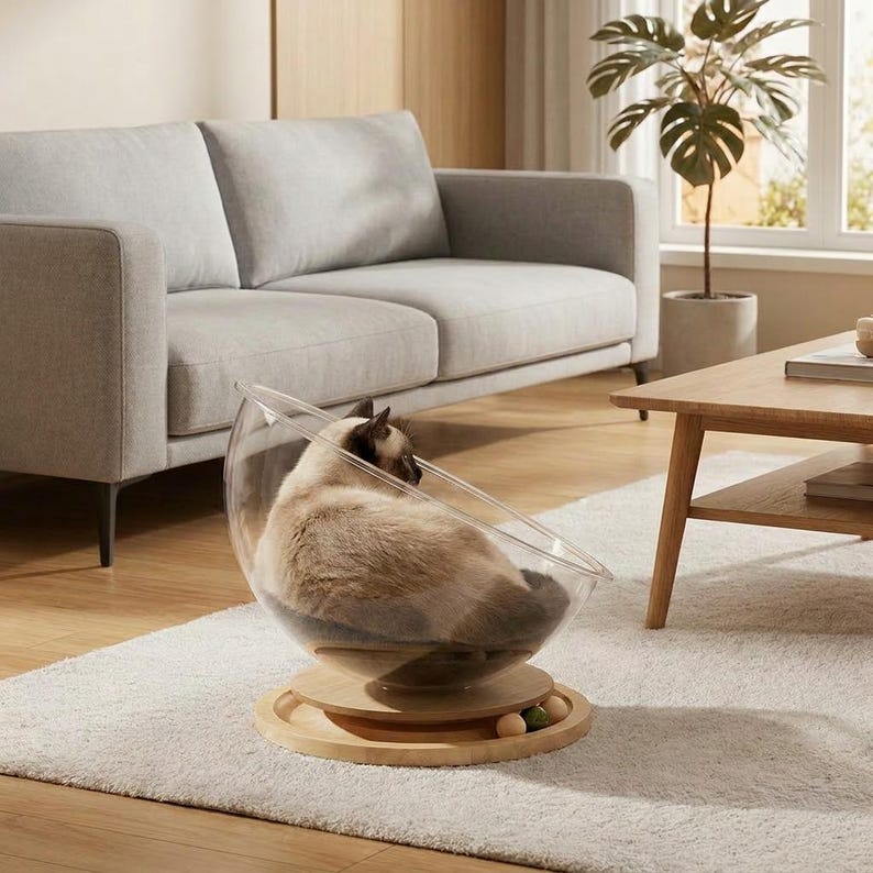 360 Rotating Space Capsule Cat Bed | Clear Acrylic Pod with Wooden Base | Modern Cat Lounger | Aesthetic Cat Furniture