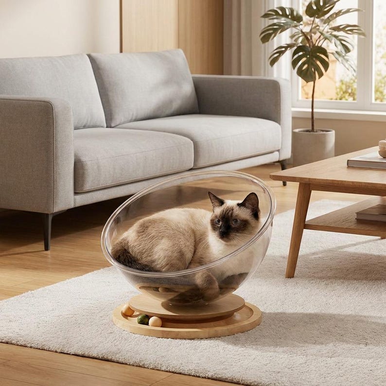 360 Rotating Space Capsule Cat Bed | Clear Acrylic Pod with Wooden Base | Modern Cat Lounger | Aesthetic Cat Furniture