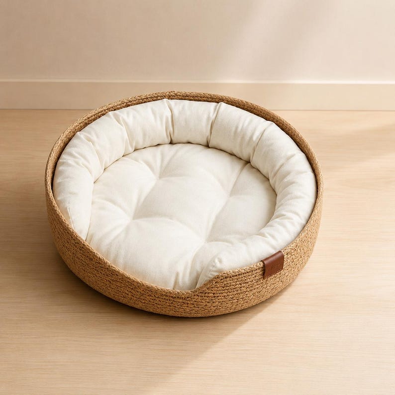 Wicker Pet Bed | Natural Cat & Small Dog Basket | Cosy Round Pet Nest with Cushion and Bolster Pillow