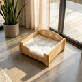 Wooden Cat & Small Dog Bed with Paw Print Cutouts | Modern Pet Furniture | Raised Wooden Pet Bed with Plush Cushion