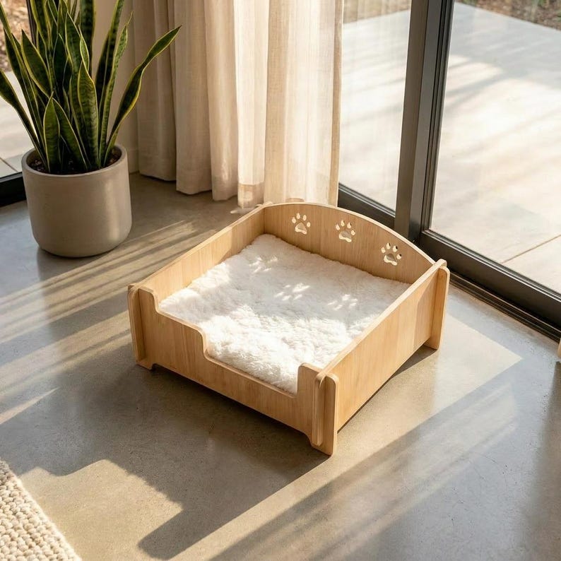 Wooden Cat & Small Dog Bed with Paw Print Cutouts | Modern Pet Furniture | Raised Wooden Pet Bed with Plush Cushion