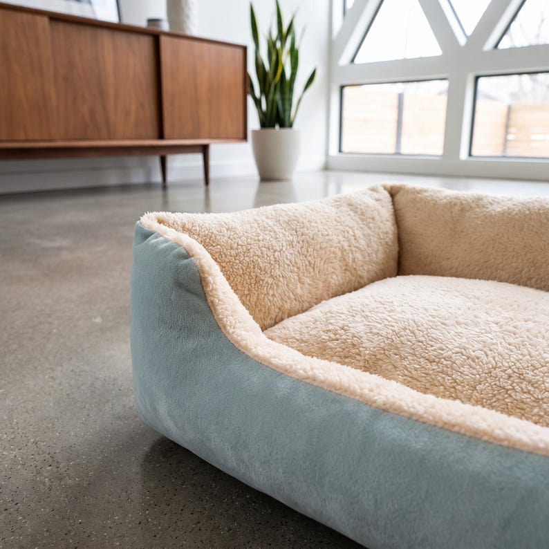 Sage Green Pet Bed | Soft Plush Cat & Dog Bed | Cosy Fleece Lined Bolster Sofa Bed | Calming Puppy Kitten Nest | Modern Home Pet Furniture