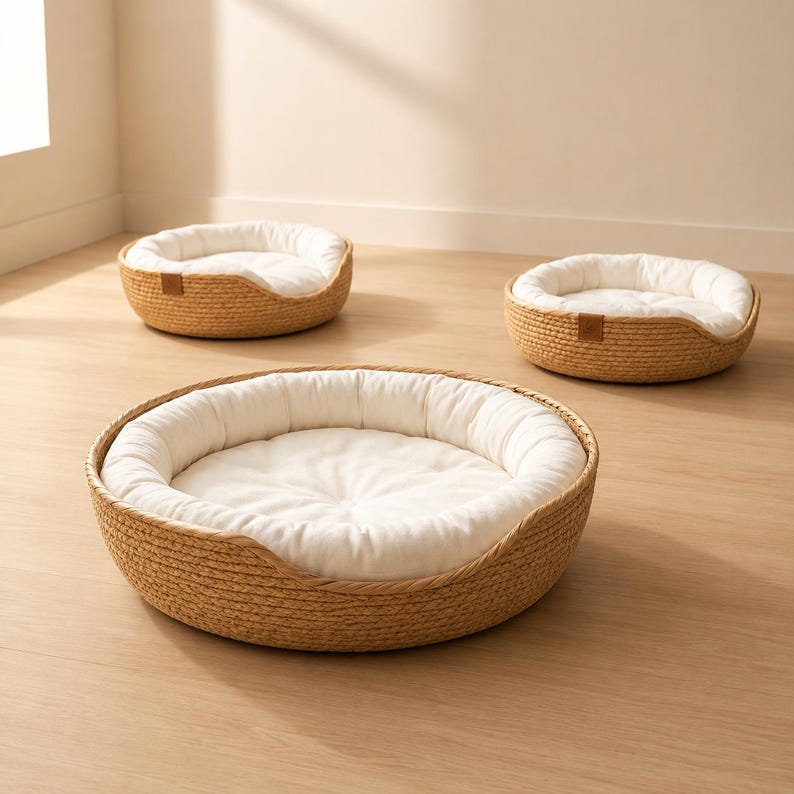 Wicker Pet Bed | Natural Cat & Small Dog Basket | Cosy Round Pet Nest with Cushion and Bolster Pillow