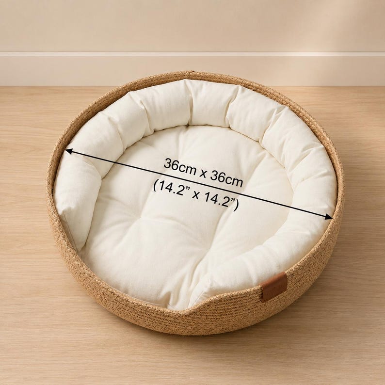 Wicker Pet Bed | Natural Cat & Small Dog Basket | Cosy Round Pet Nest with Cushion and Bolster Pillow