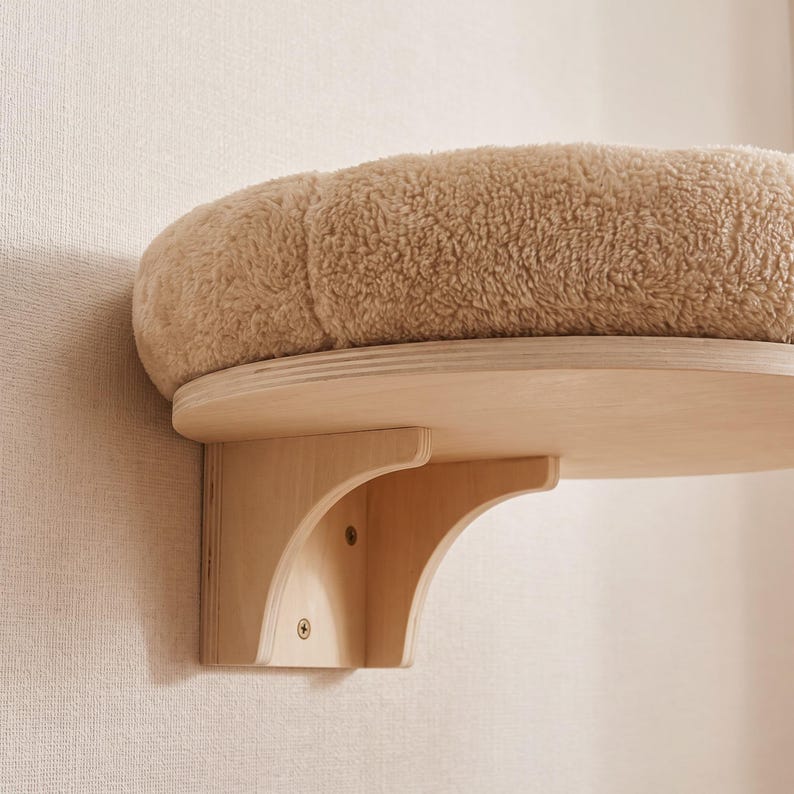 Wall Mounted Cat Bed | Floating Cat Shelf with Plush Cushion | Wooden Cat Perch | Space Saving Cat Wall Furniture | Cat Tree Alternative