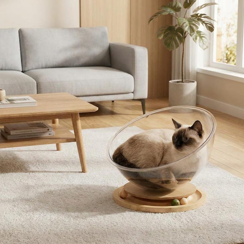 360 Rotating Space Capsule Cat Bed | Clear Acrylic Pod with Wooden Base | Modern Cat Lounger | Aesthetic Cat Furniture