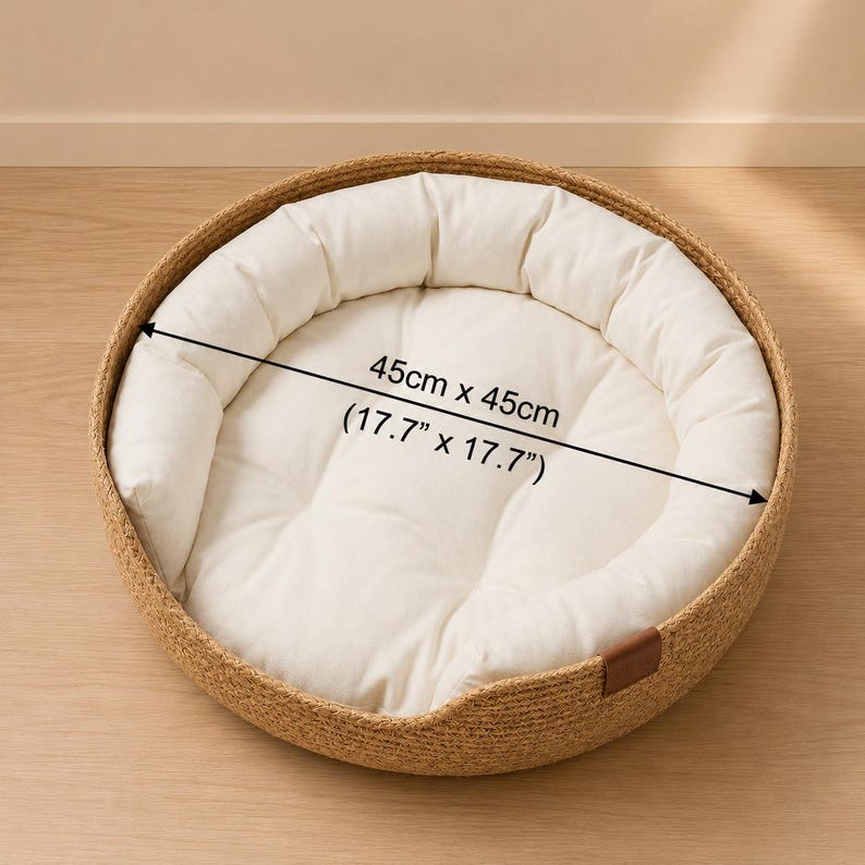 Wicker Pet Bed | Natural Cat & Small Dog Basket | Cosy Round Pet Nest with Cushion and Bolster Pillow
