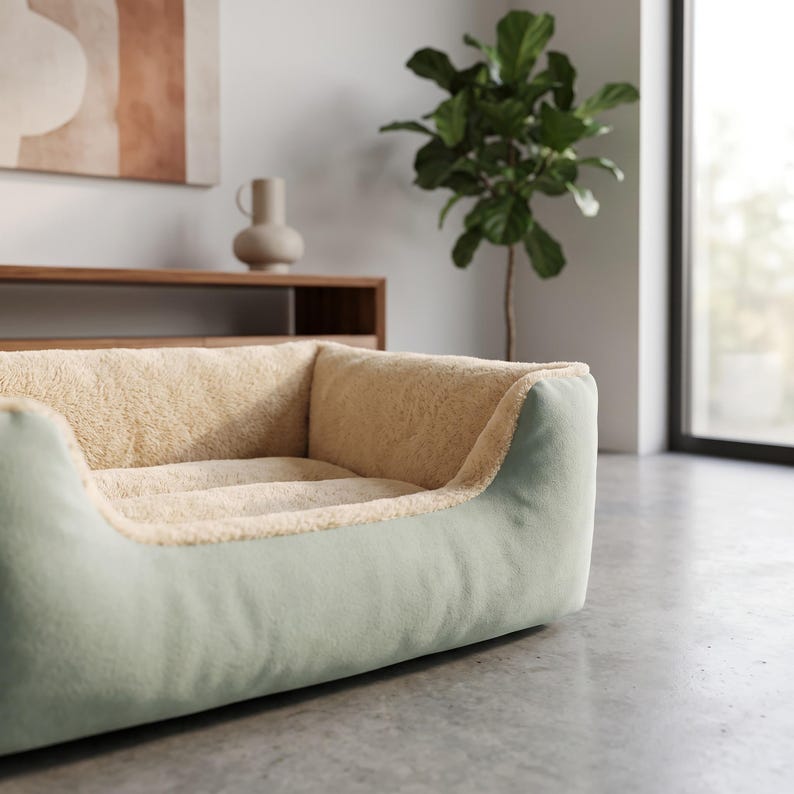 Sage Green Pet Bed | Soft Plush Cat & Dog Bed | Cosy Fleece Lined Bolster Sofa Bed | Calming Puppy Kitten Nest | Modern Home Pet Furniture