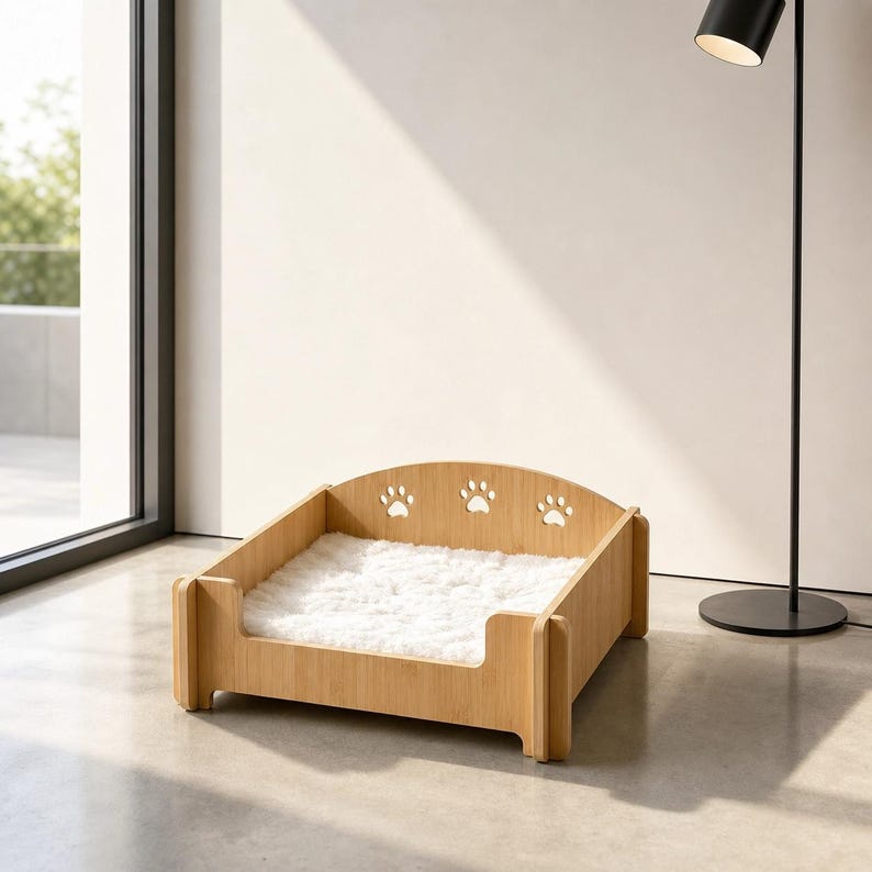 Wooden Cat & Small Dog Bed with Paw Print Cutouts | Modern Pet Furniture | Raised Wooden Pet Bed with Plush Cushion