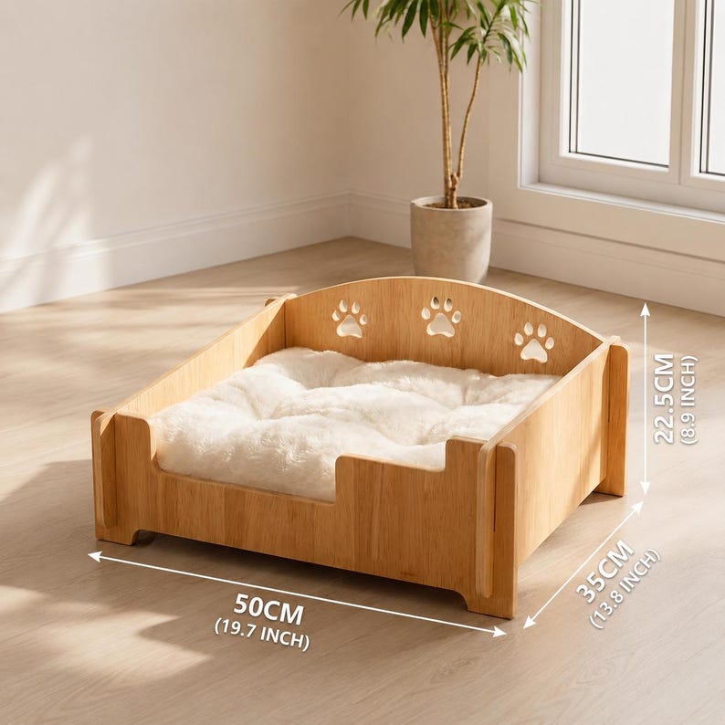 Wooden Cat & Small Dog Bed with Paw Print Cutouts | Modern Pet Furniture | Raised Wooden Pet Bed with Plush Cushion