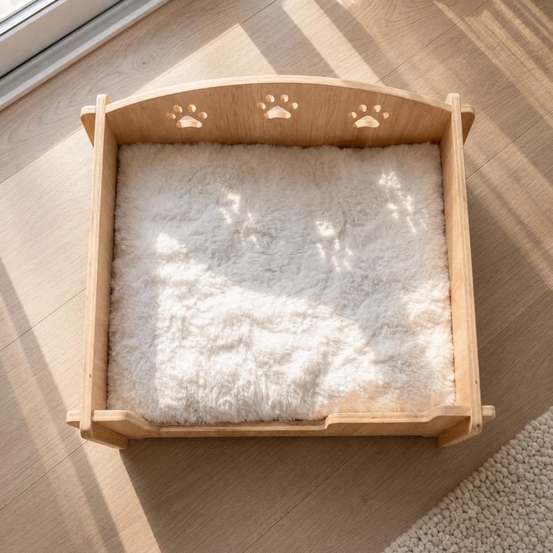 Wooden Cat & Small Dog Bed with Paw Print Cutouts | Modern Pet Furniture | Raised Wooden Pet Bed with Plush Cushion