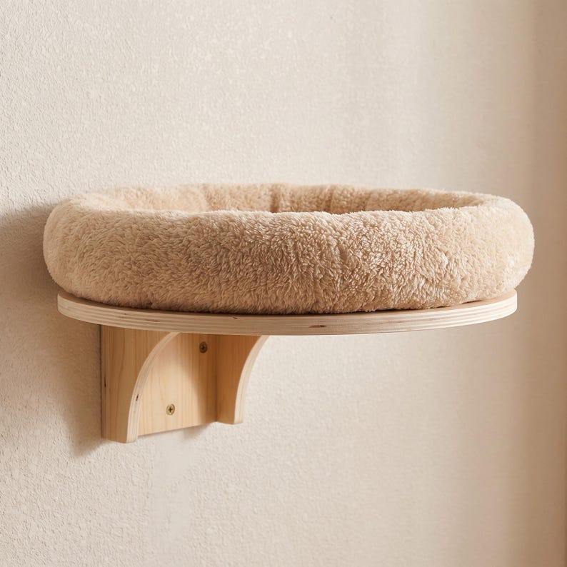 Wall Mounted Cat Bed | Floating Cat Shelf with Plush Cushion | Wooden Cat Perch | Space Saving Cat Wall Furniture | Cat Tree Alternative