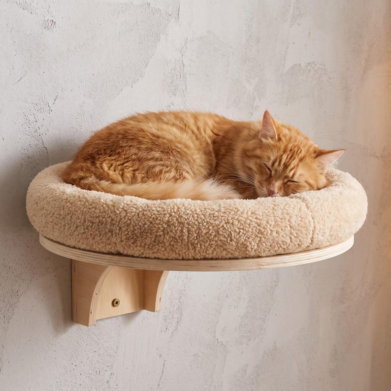 Wall Mounted Cat Bed | Floating Cat Shelf with Plush Cushion | Wooden Cat Perch | Space Saving Cat Wall Furniture | Cat Tree Alternative