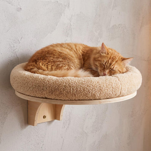 Wall Mounted Cat Bed | Floating Cat Shelf with Plush Cushion | Wooden Cat Perch | Space Saving Cat Wall Furniture | Cat Tree Alternative