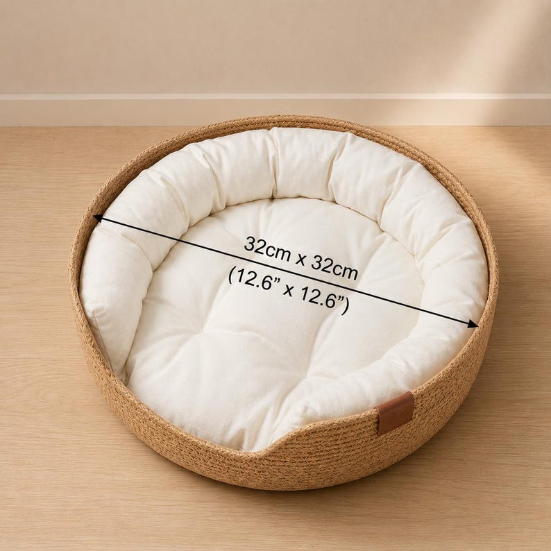 Wicker Pet Bed | Natural Cat & Small Dog Basket | Cosy Round Pet Nest with Cushion and Bolster Pillow
