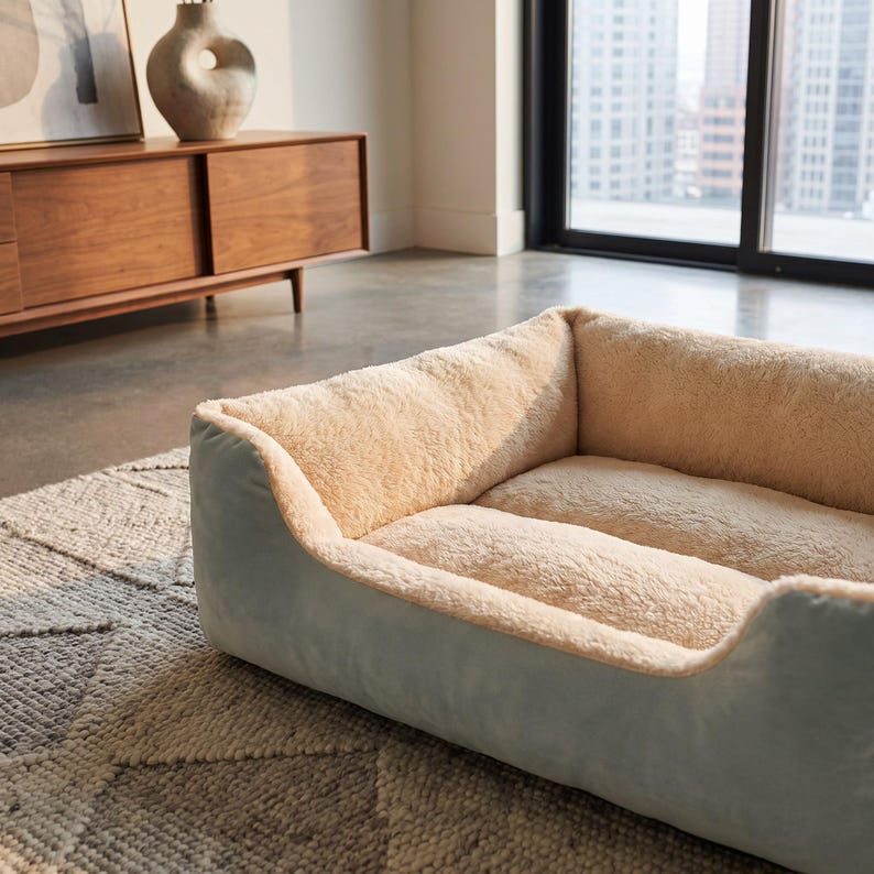Sage Green Pet Bed | Soft Plush Cat & Dog Bed | Cosy Fleece Lined Bolster Sofa Bed | Calming Puppy Kitten Nest | Modern Home Pet Furniture