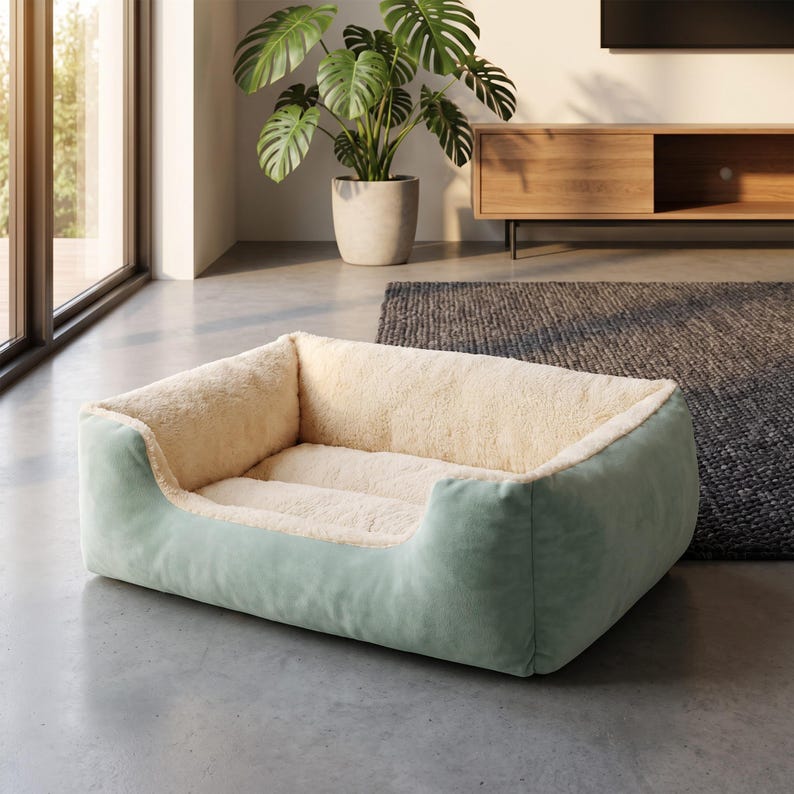 Sage Green Pet Bed | Soft Plush Cat & Dog Bed | Cosy Fleece Lined Bolster Sofa Bed | Calming Puppy Kitten Nest | Modern Home Pet Furniture