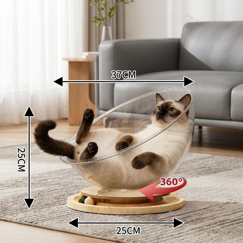 360 Rotating Space Capsule Cat Bed | Clear Acrylic Pod with Wooden Base | Modern Cat Lounger | Aesthetic Cat Furniture