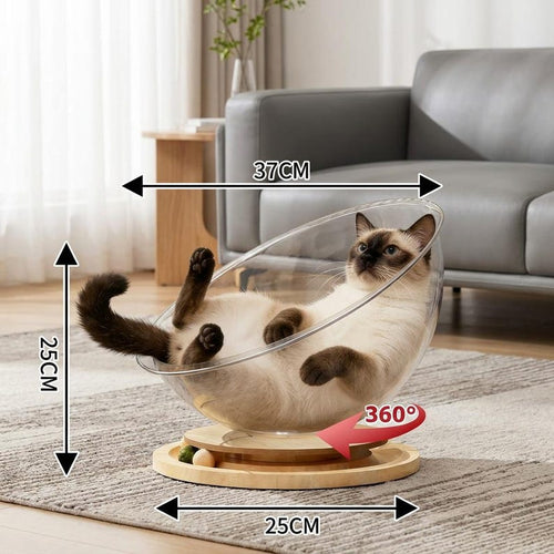 360 Rotating Space Capsule Cat Bed | Clear Acrylic Pod with Wooden Base | Modern Cat Lounger | Aesthetic Cat Furniture