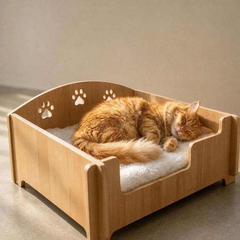 Wooden Cat & Small Dog Bed with Paw Print Cutouts | Modern Pet Furniture | Raised Wooden Pet Bed with Plush Cushion