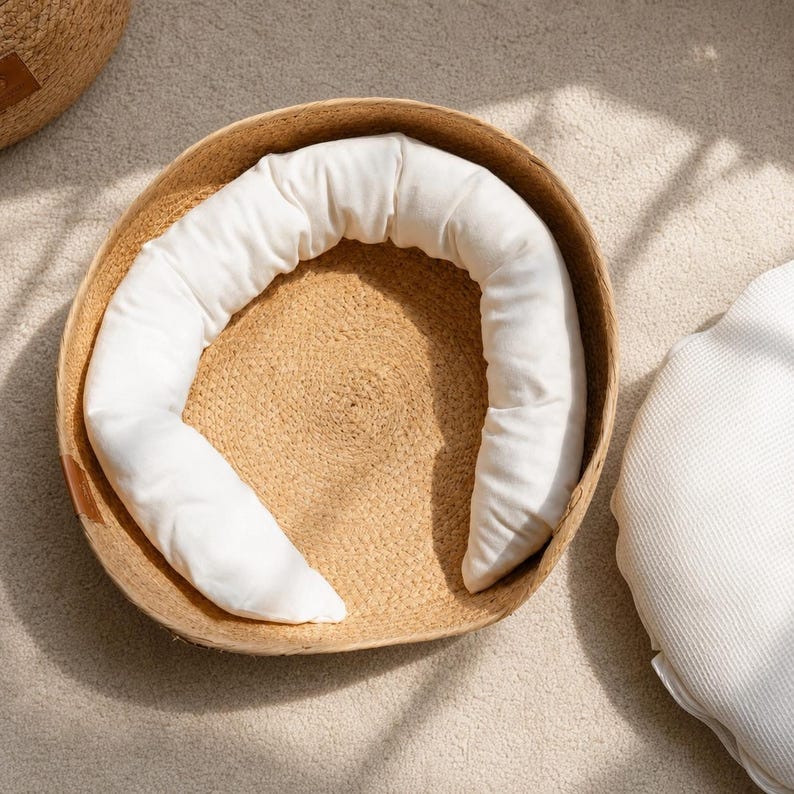 Wicker Pet Bed | Natural Cat & Small Dog Basket | Cosy Round Pet Nest with Cushion and Bolster Pillow
